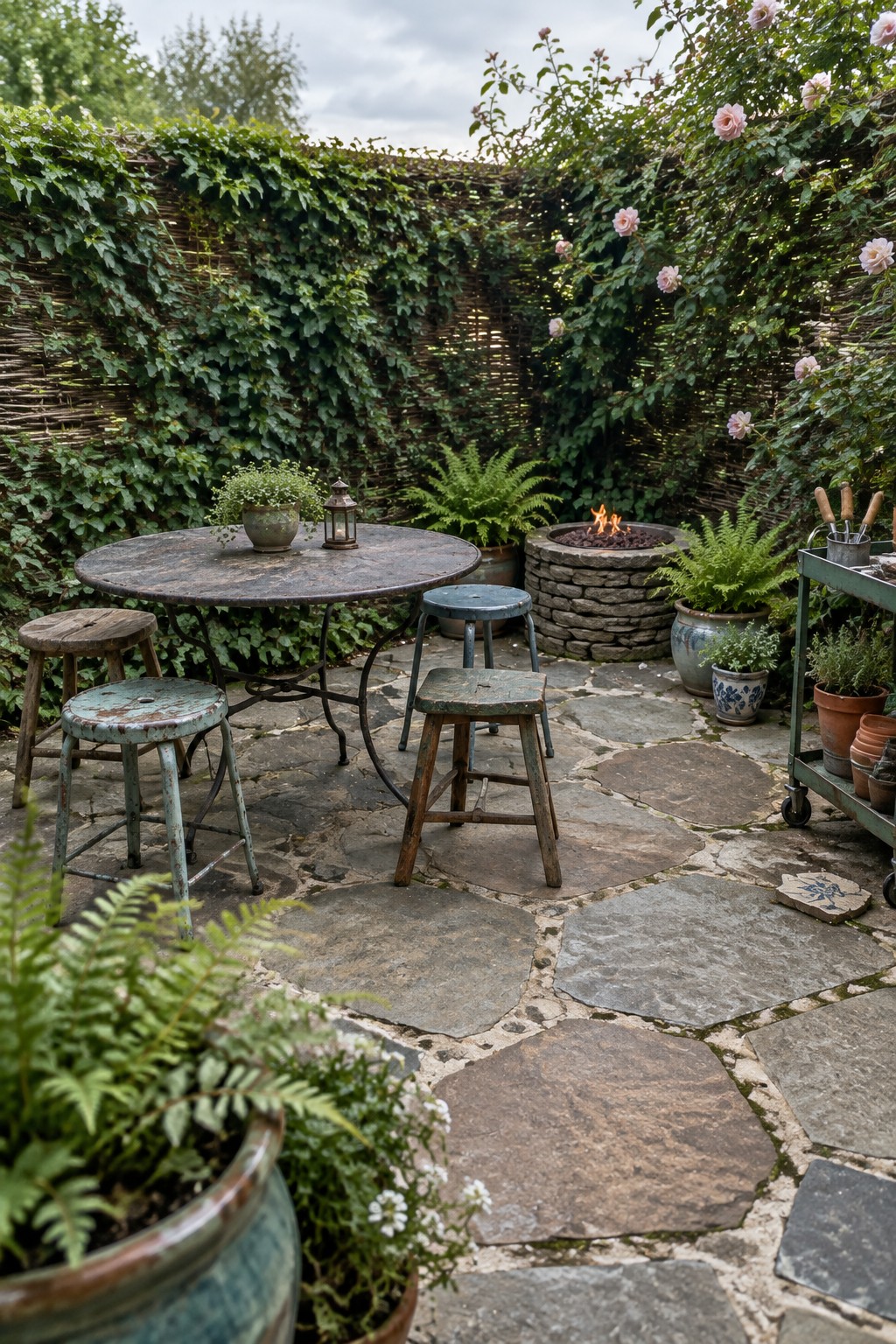 A small stone patio with a round table, stools, a fire pit, and leafy trellis panels covered in climbing roses.