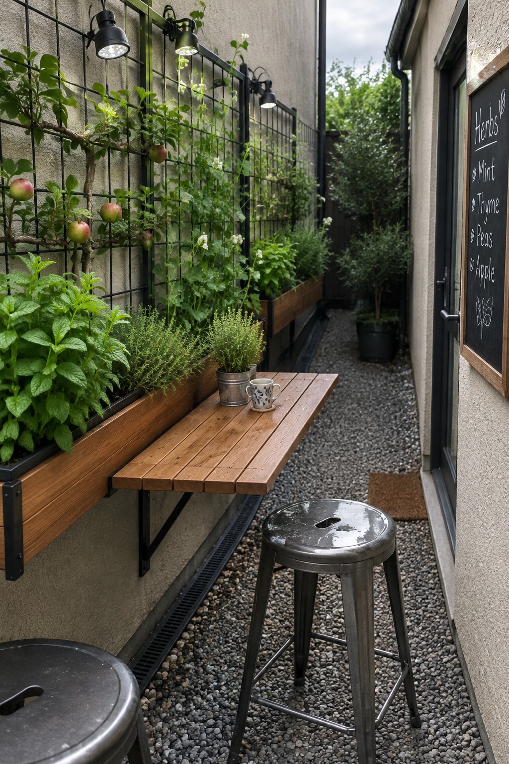 A narrow gravel patio has a wall-mounted trellis supporting an apple tree and other plants beside a wooden planter and bench.
