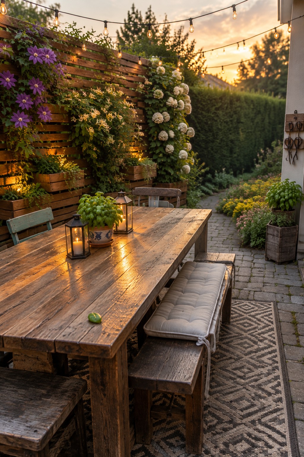 A wooden patio dining table sits beside a slatted trellis covered with climbing flowers and plants.