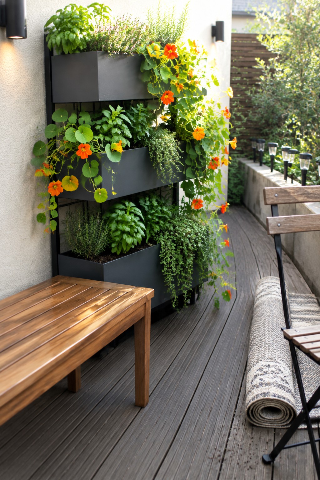 Three black wall-mounted planters filled with greenery and orange flowers beside a narrow wooden patio deck.