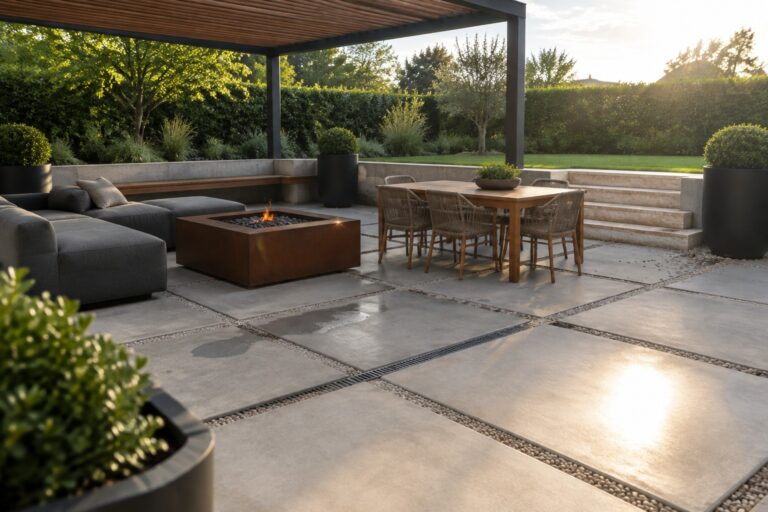 21 Large Paver Patio Ideas Featuring Clean Grid Layouts Large square stone pavers form a grid with pebble-filled joints on a patio beneath a pergola.