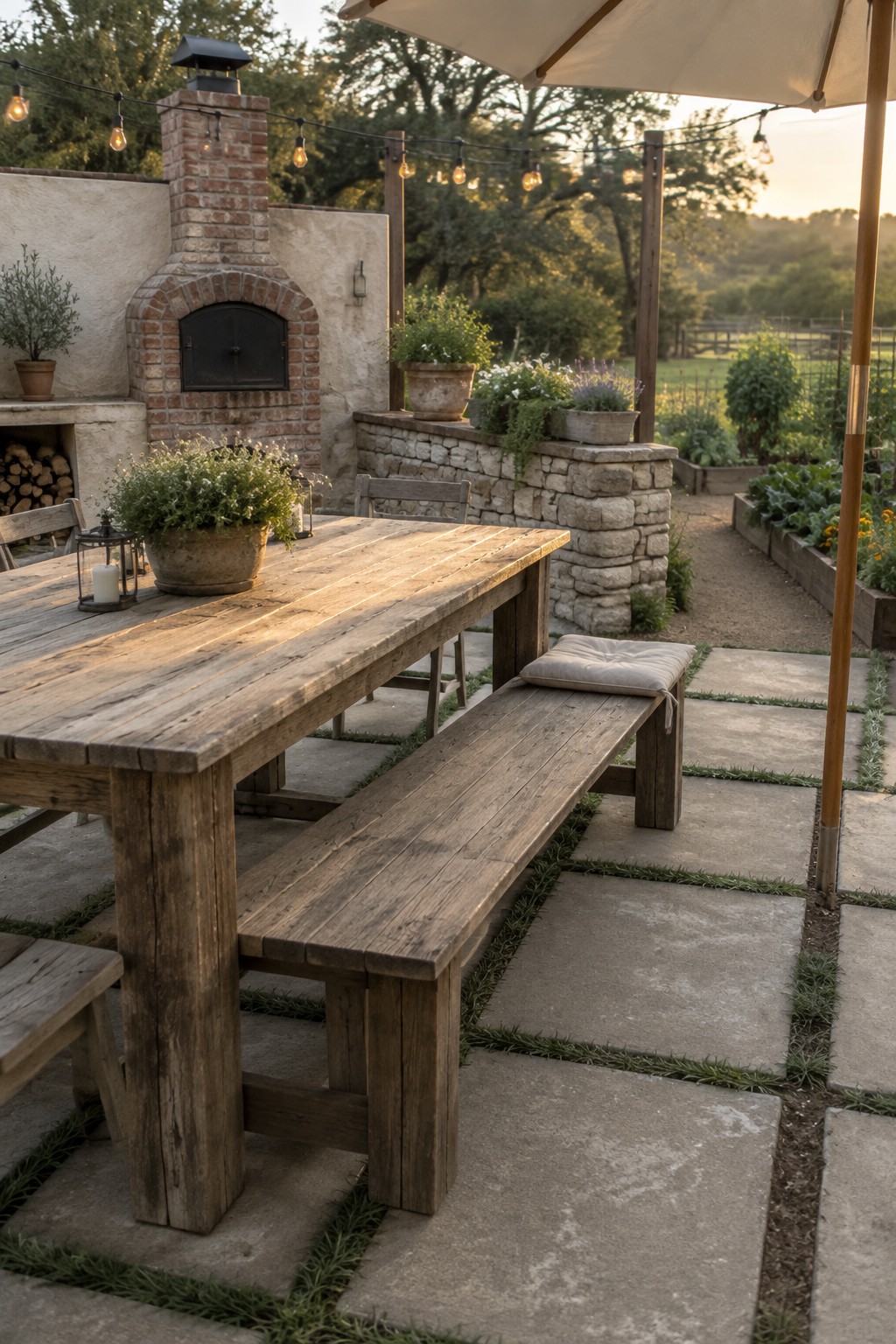 A rustic wooden dining table and benches sit on large square patio pavers beside a brick outdoor oven.