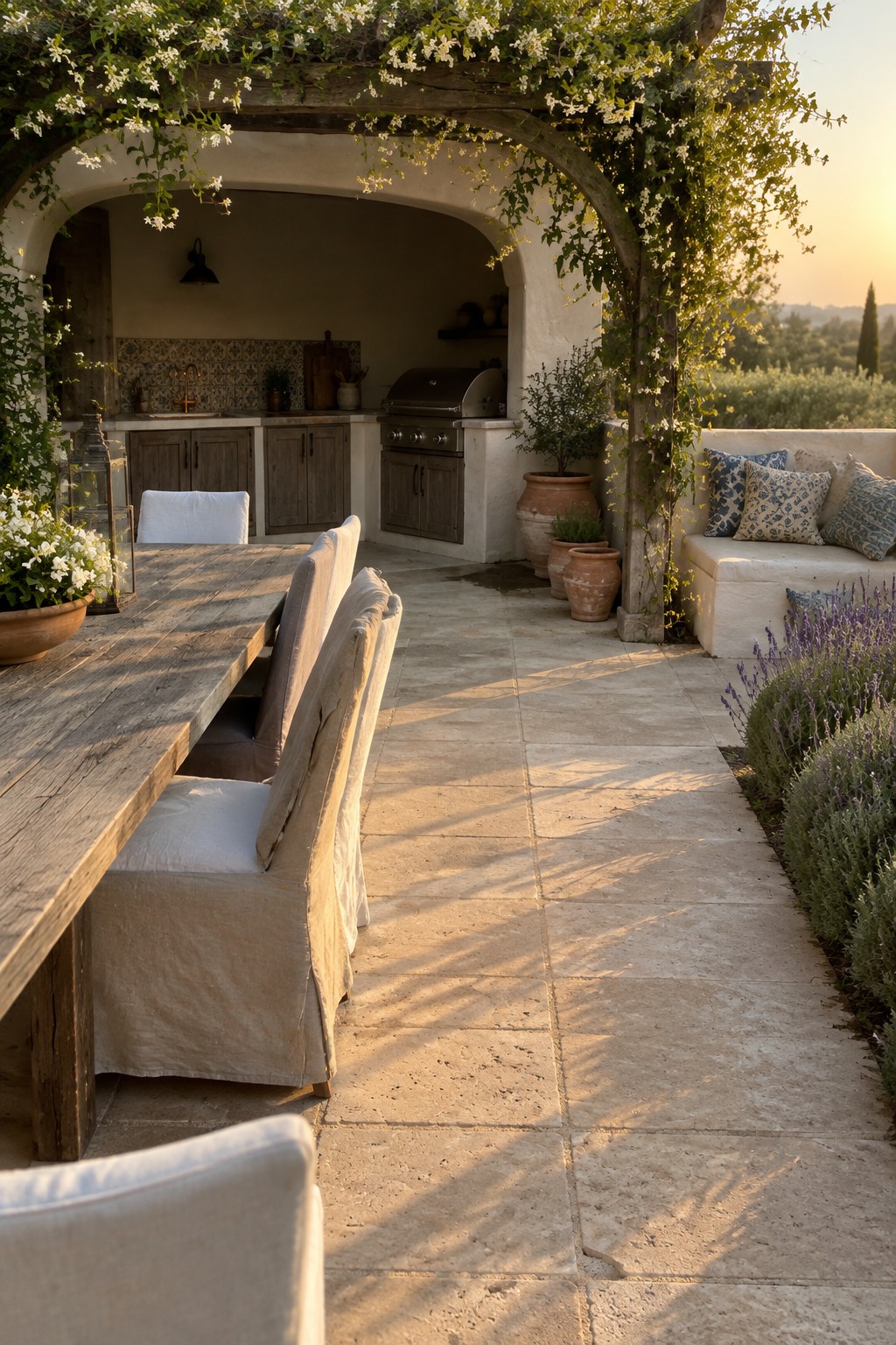 A stone-paved patio with a long wooden dining table beside an outdoor kitchen and built-in seating.