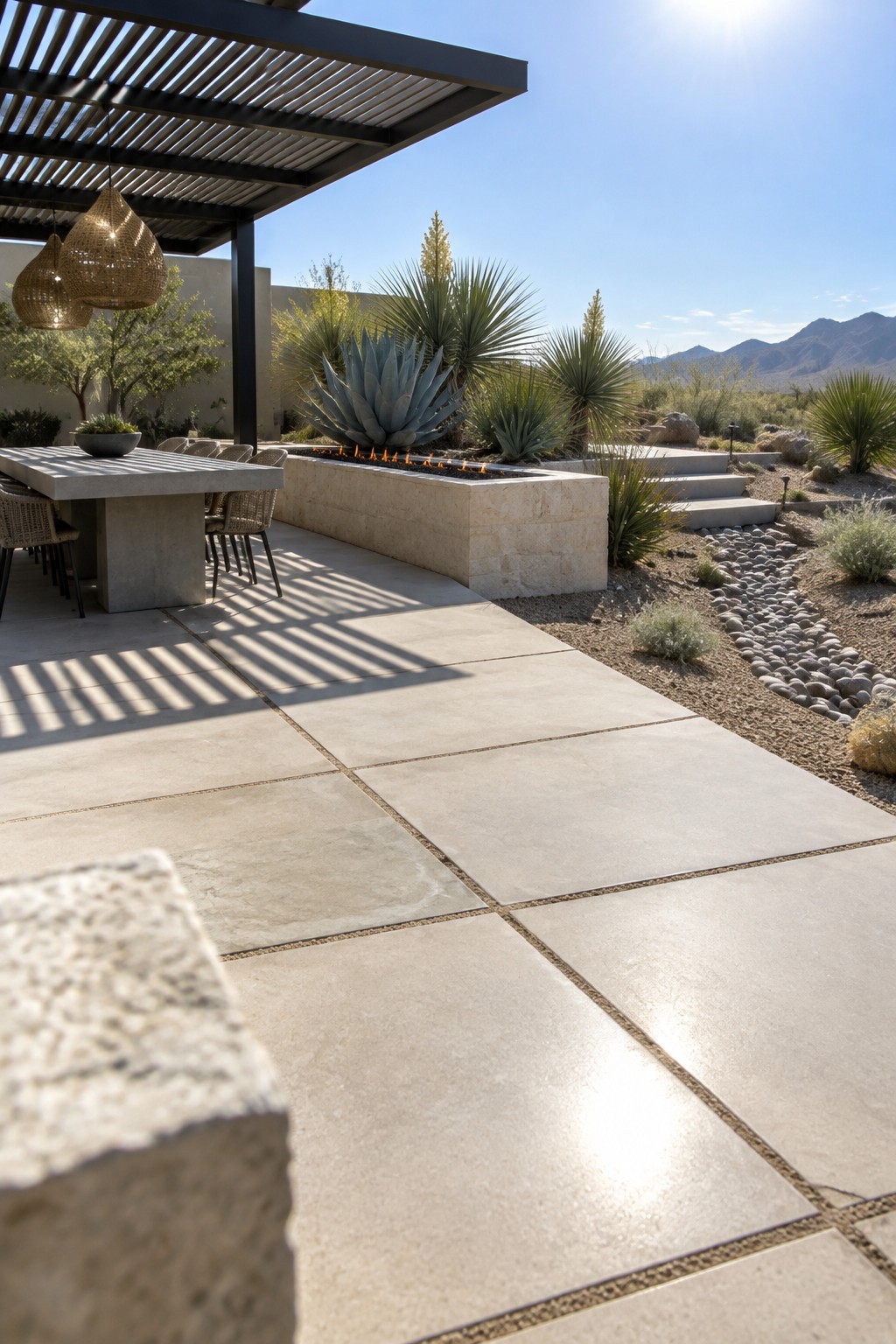 Large square stone pavers form a patio beside an outdoor dining table and a raised succulent bed.