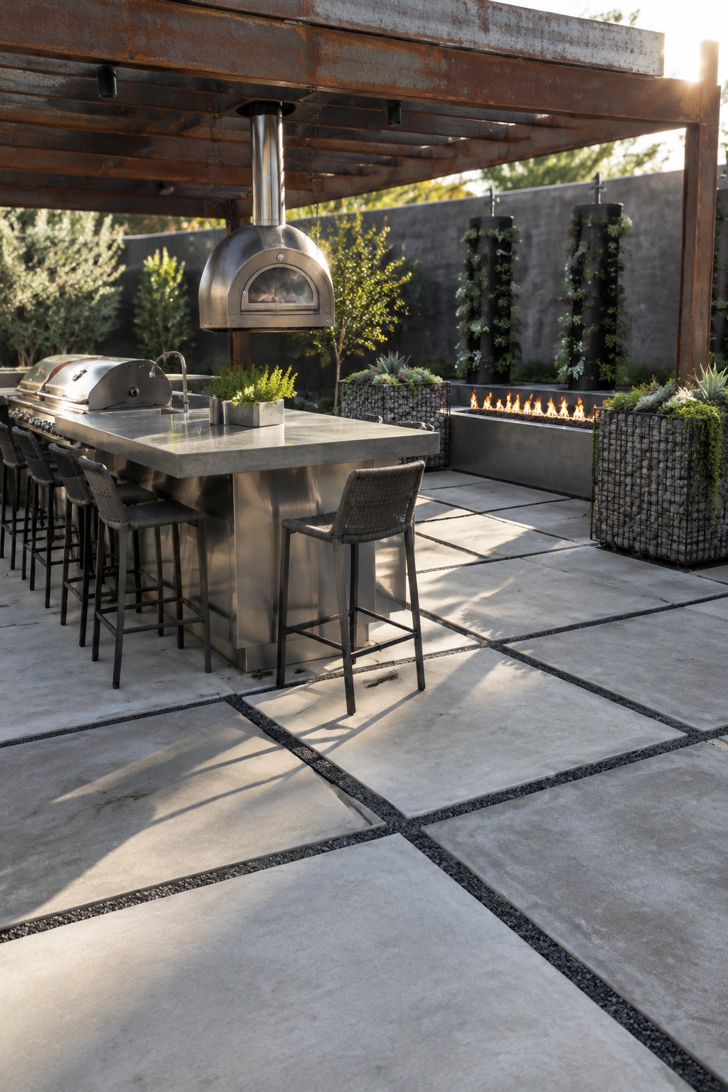 Large square concrete pavers form a grid beneath an outdoor kitchen with a counter, stools, suspended pizza oven, and linear fire feature.