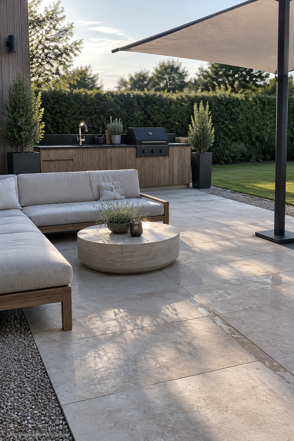 Large square stone pavers form a patio beneath a sectional sofa, round coffee table, outdoor kitchen, and retractable shade canopy.