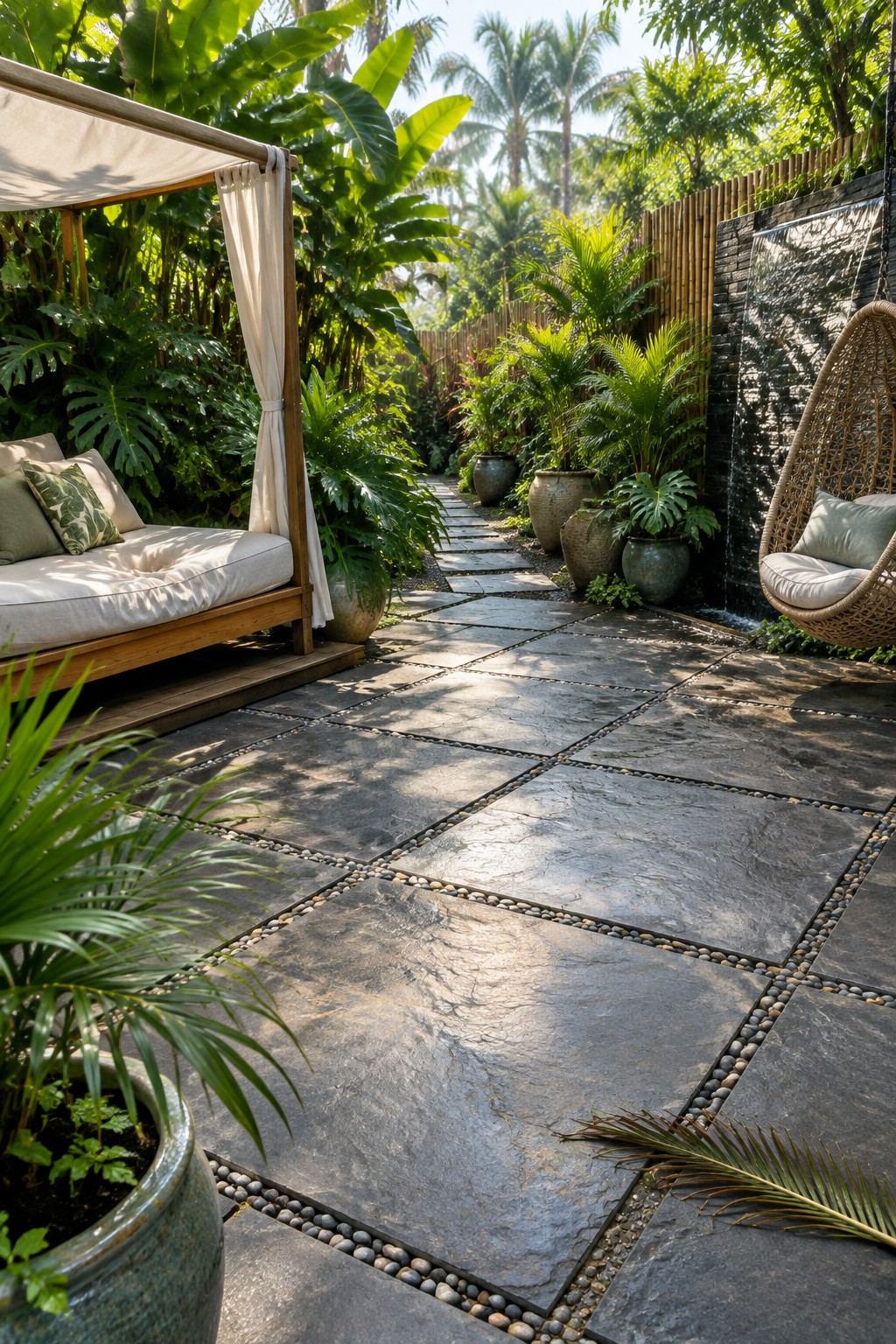 Large square stone pavers with pebble joints form a patio path through tropical plants beside outdoor seating and a dark water feature.