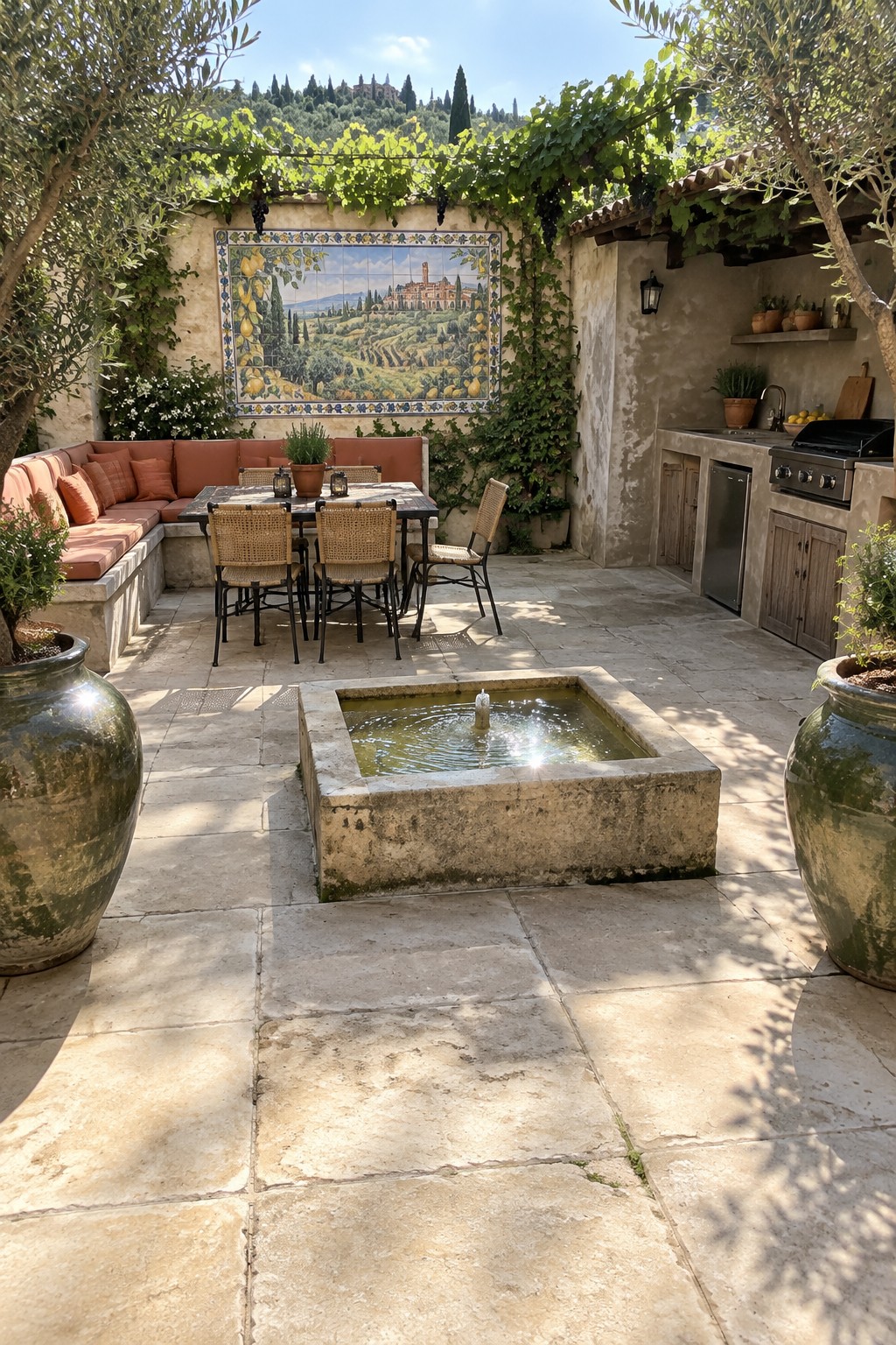 Large square stone pavers cover a courtyard patio with a dining table, built-in seating, an outdoor kitchen, and a central water feature.