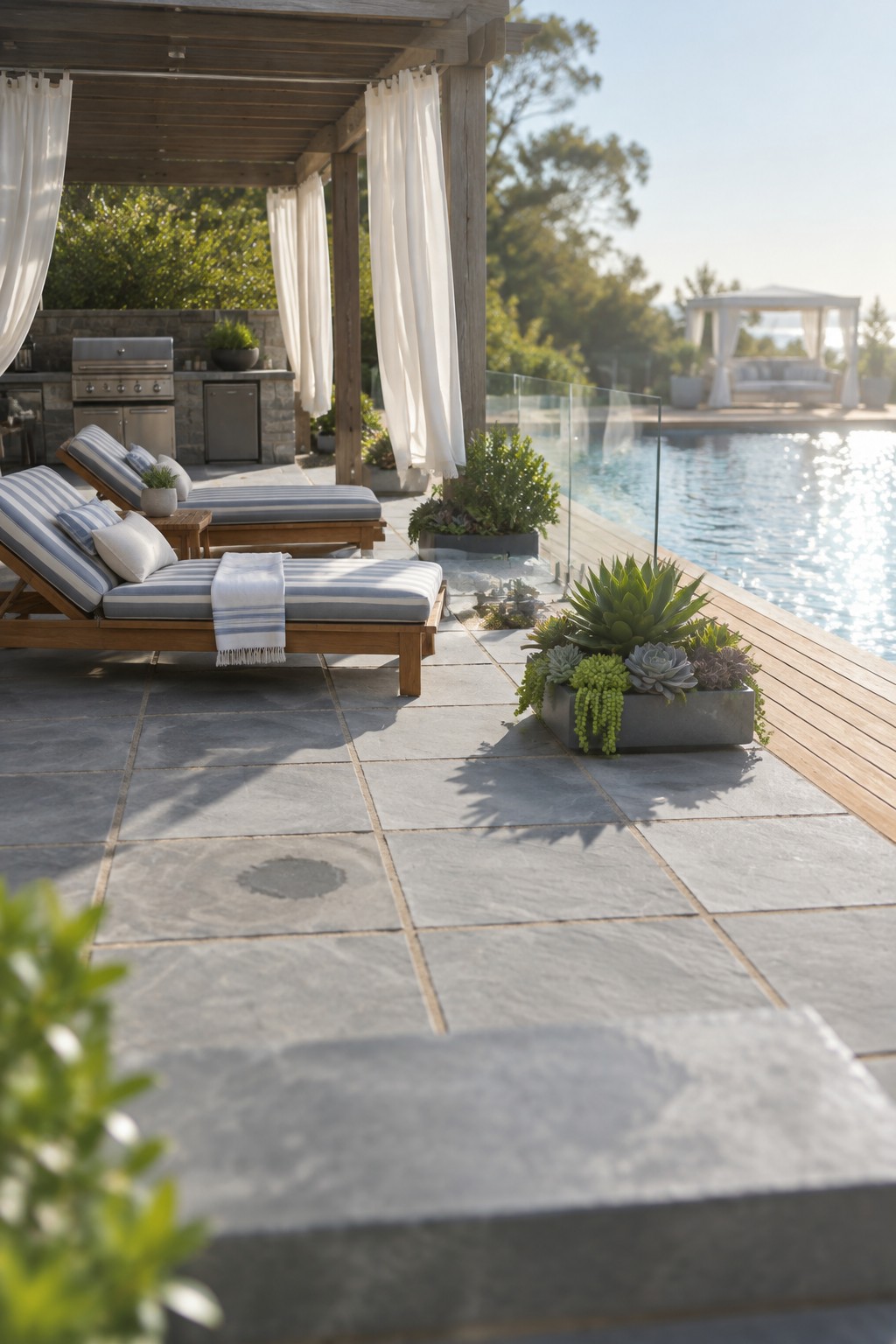 Large gray square pavers form a patio beside a pool, with loungers under a wooden pergola and planters along the edge.