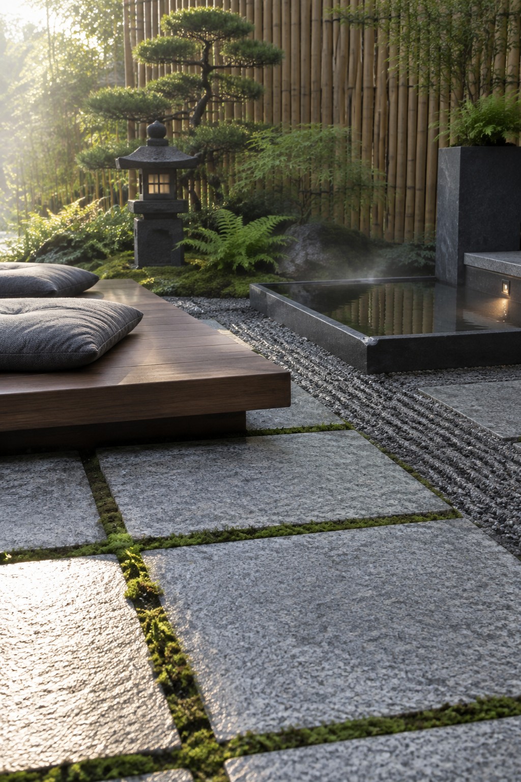 Large gray stone pavers with moss-filled joints form a grid beside a wooden platform and a shallow water feature in a bamboo-enclosed garden.