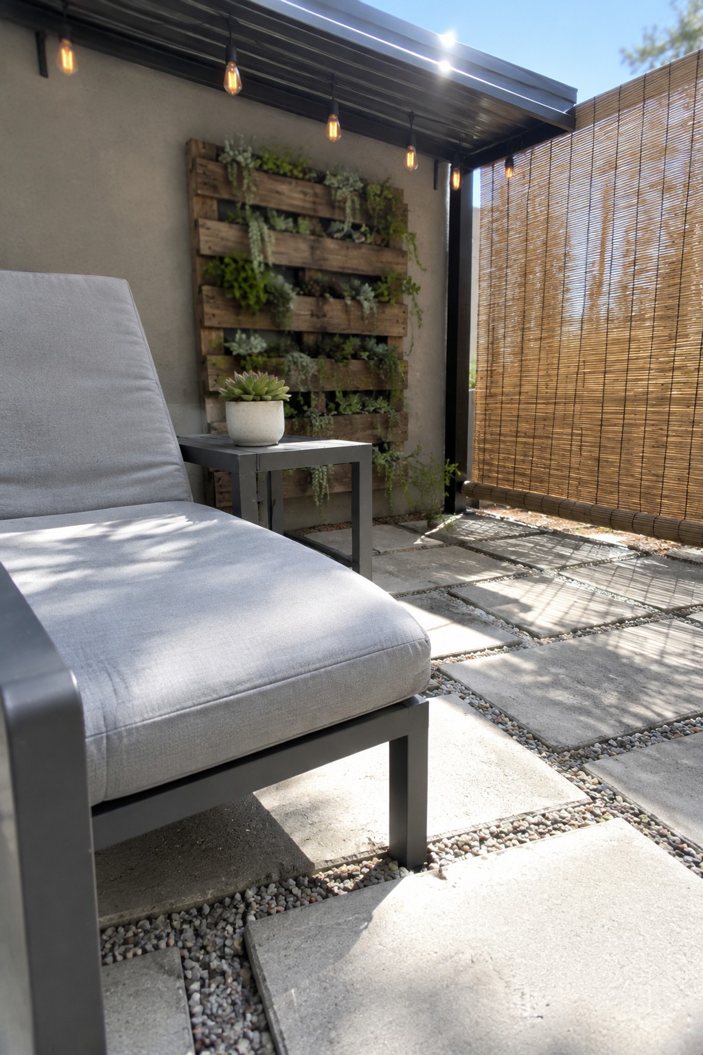 A gray cushioned patio chair sits beside a small table in front of a wooden planter wall, with a bamboo privacy blind along the patio edge.