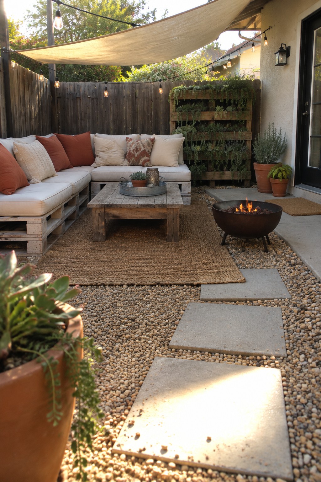 A small patio has a beige shade sail above pallet seating, a wooden coffee table, string lights, and a fire pit.