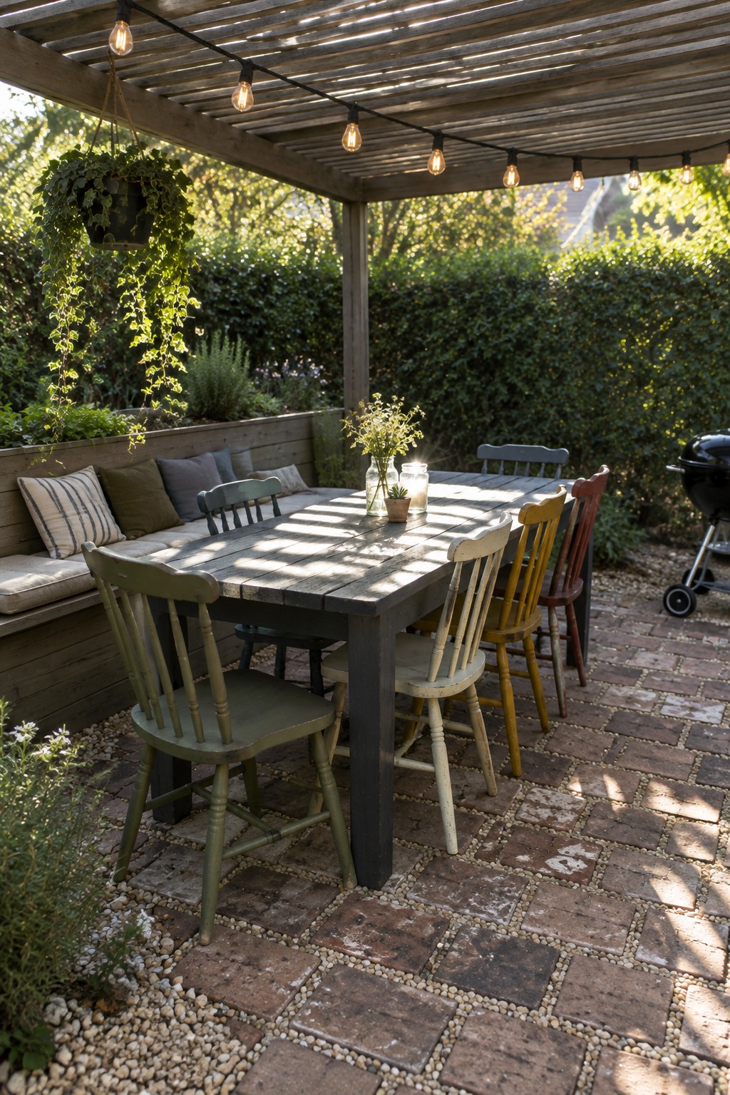 A wooden outdoor dining table with mismatched chairs sits beneath a pergola on a brick patio.