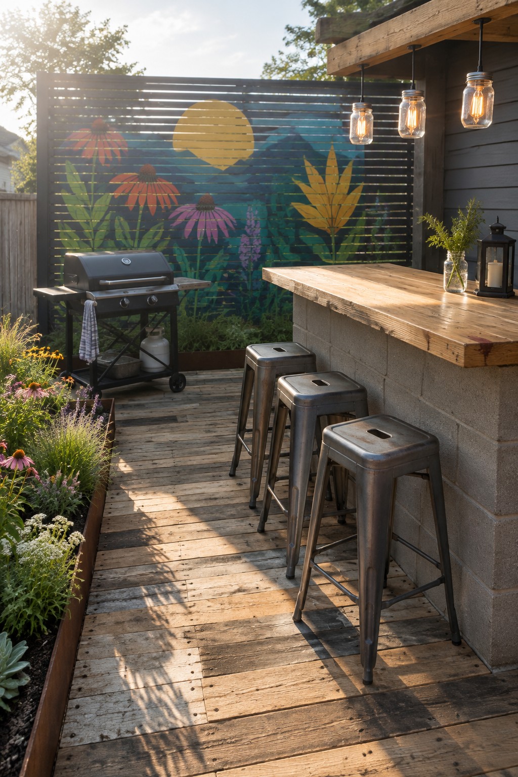 A wooden patio screen painted with a flower mural stands behind a grill, with a counter, stools, and planters nearby.