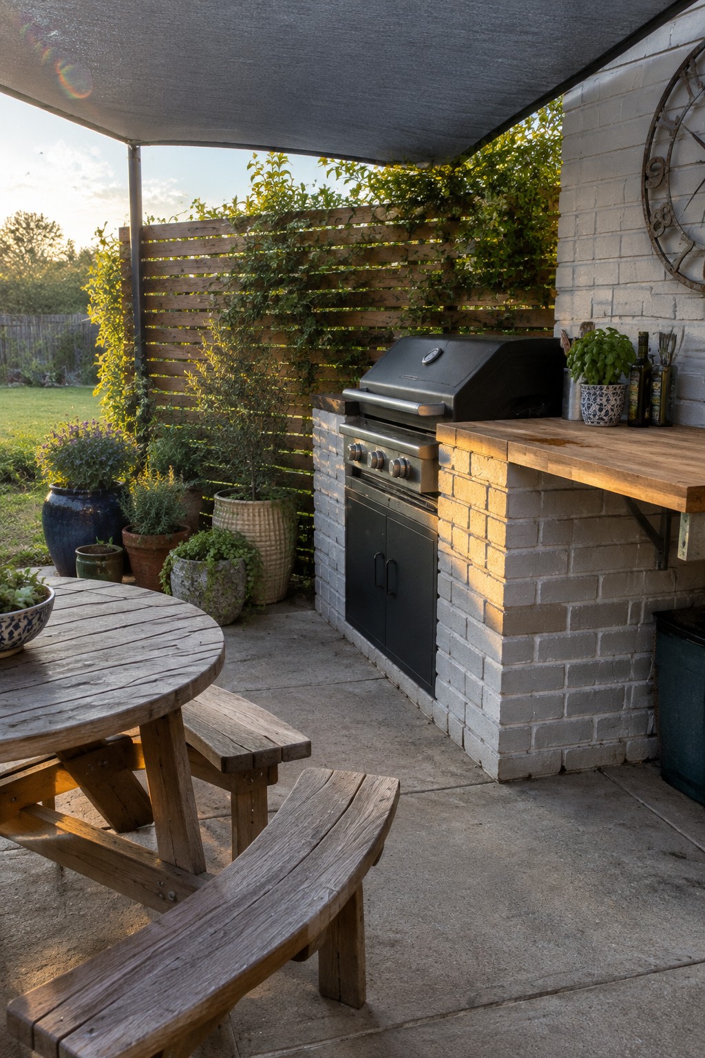 A covered patio with a built-in brick grill counter, wooden worktop, and a round wooden picnic table.