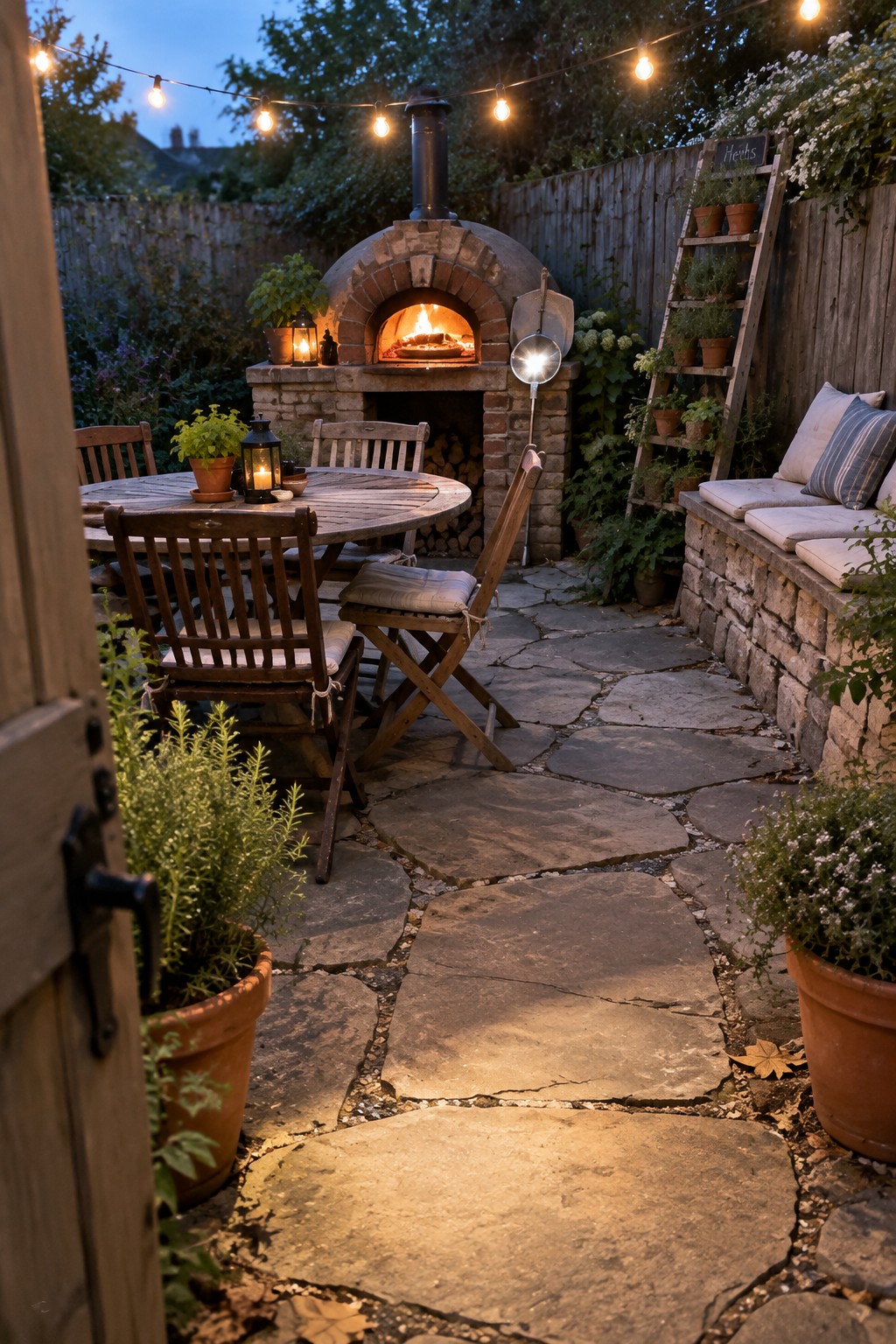 A brick pizza oven stands behind a round wooden patio table, with chairs and a stone path nearby.