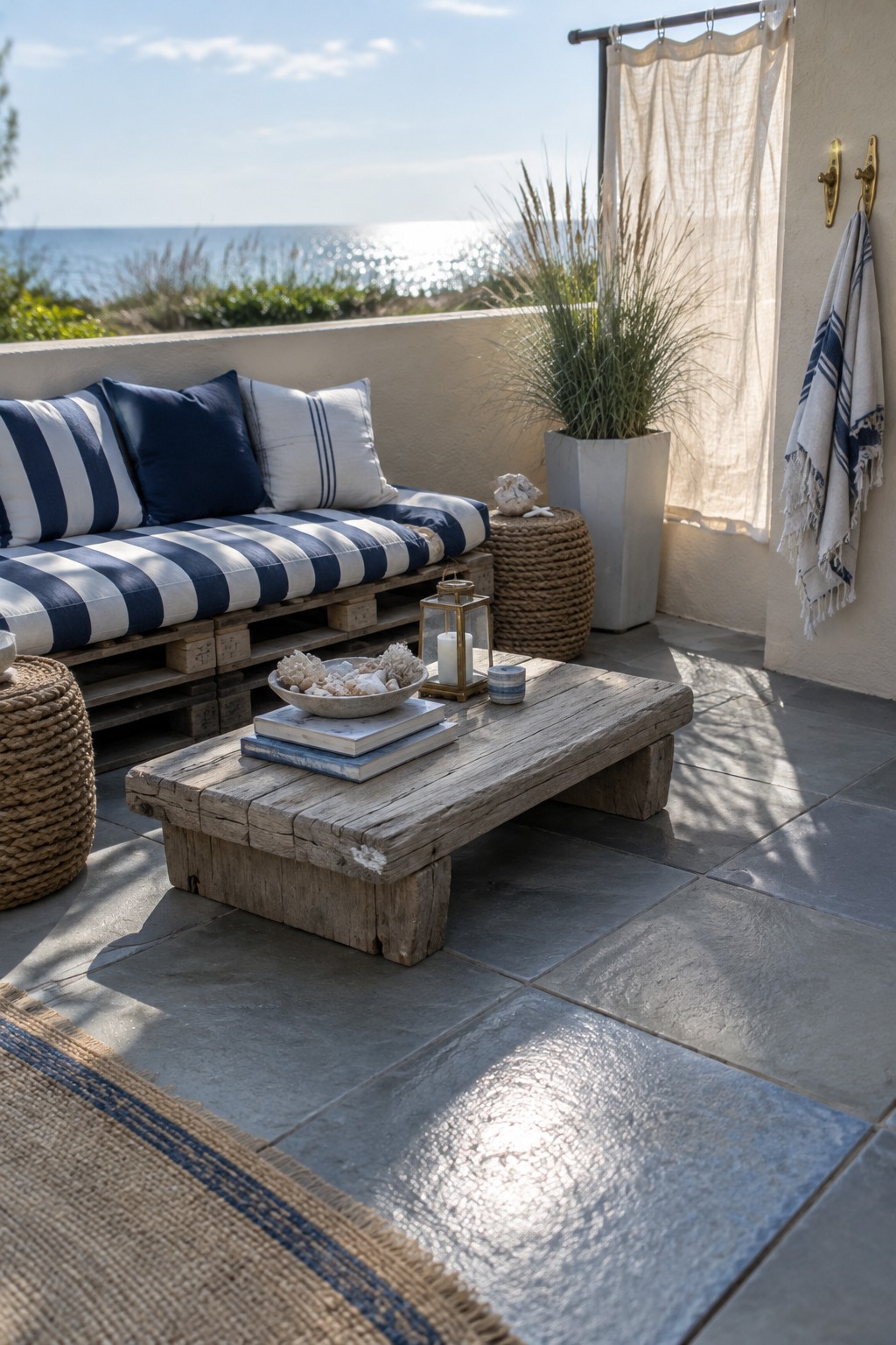 A patio sofa made from wooden pallets has blue-and-white striped cushions and faces a low wooden coffee table.