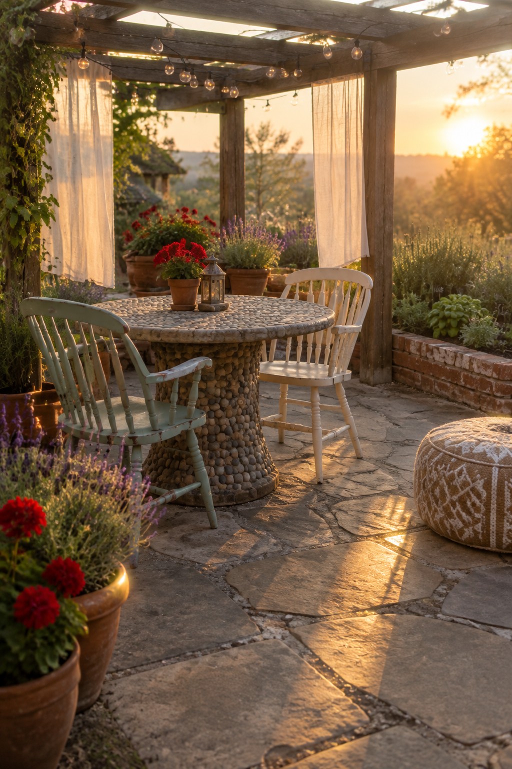 A stone patio with a wooden pergola, sheer curtains, string lights, a round table, and chairs.