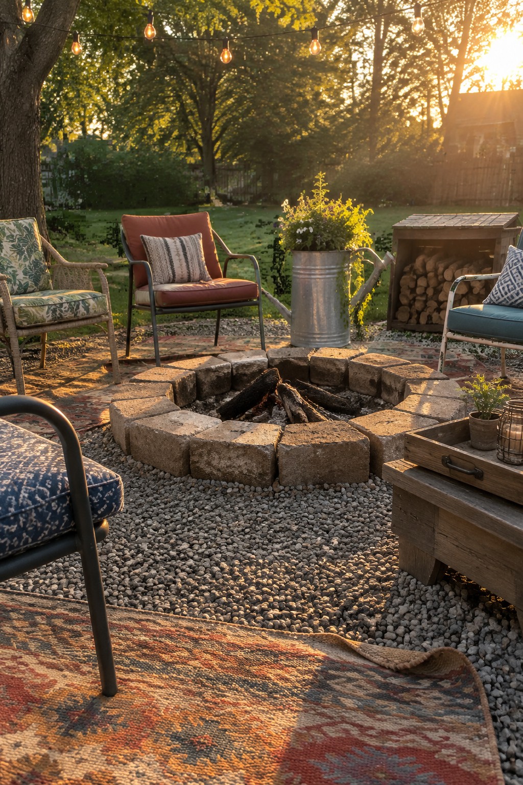 A circular stone fire pit sits in a gravel patio area surrounded by outdoor chairs.
