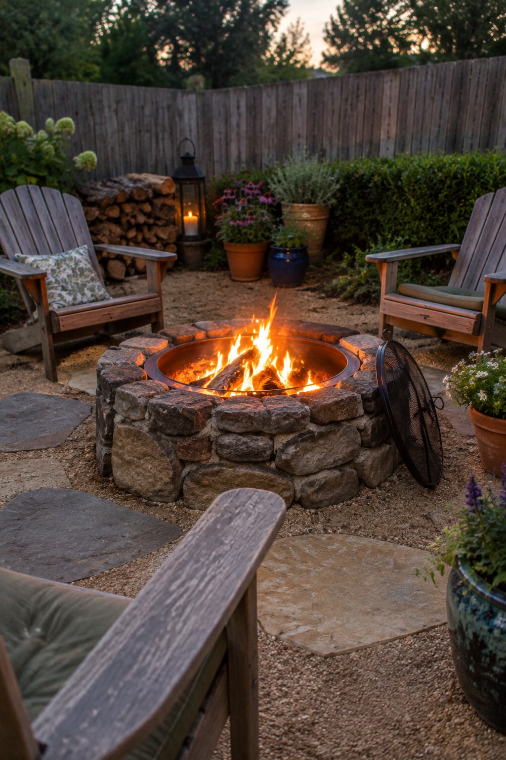 A stone-ring fire pit sits between wooden patio chairs in a gravel backyard.