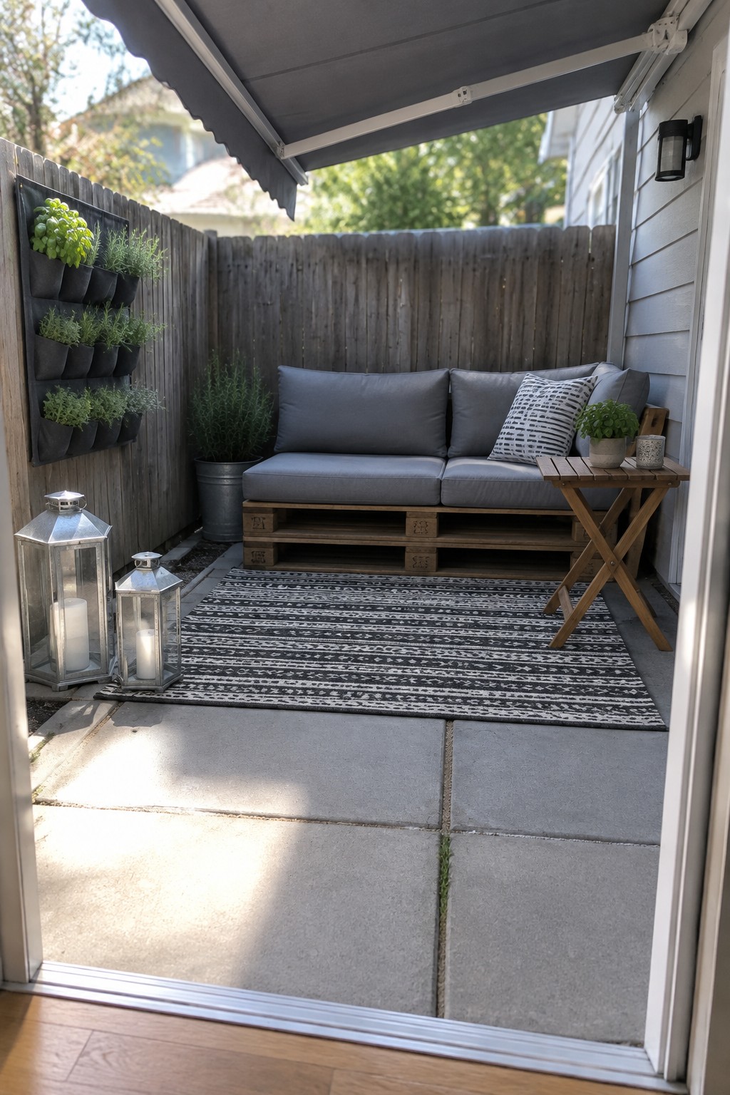 A gray-cushioned pallet sofa sits at the back of a small patio beneath a retractable awning.