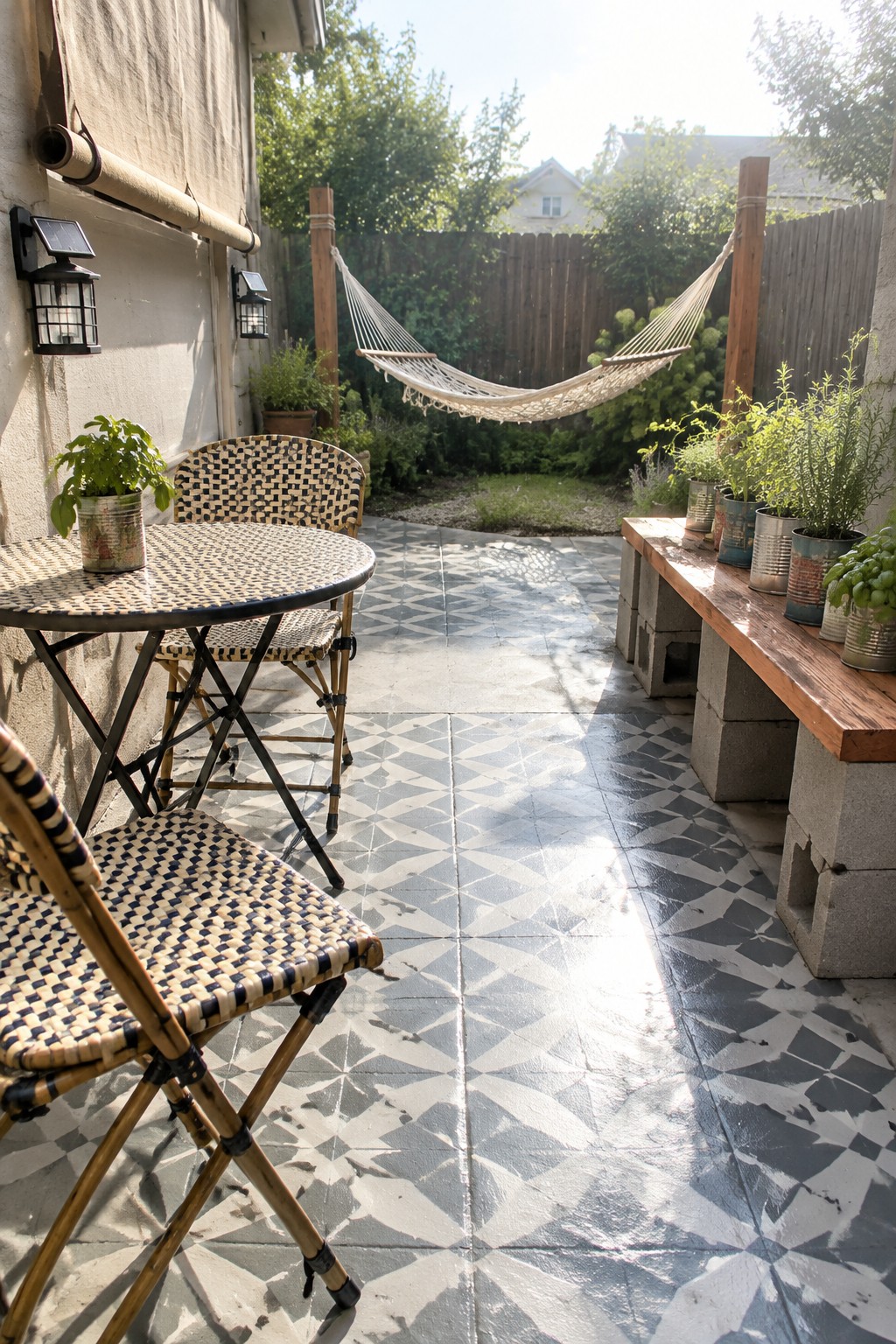A hammock hangs between two wooden posts at the back of a small patio with a patterned tile floor and woven chairs.
