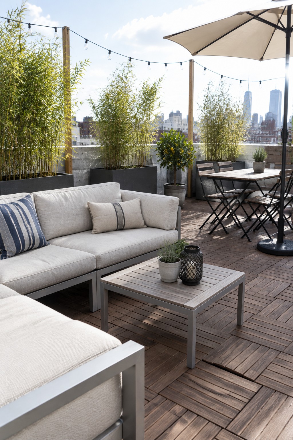 A rooftop patio has a sofa seating area, a dining table and chairs, potted bamboo, string lights, and a large umbrella.