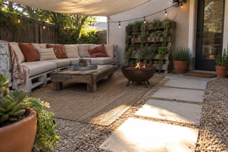 21 Practical DIY Patio Ideas on a Budget for Beginner-Friendly Builds A small patio has a beige shade sail above pallet seating, a wooden coffee table, string lights, and a fire pit.