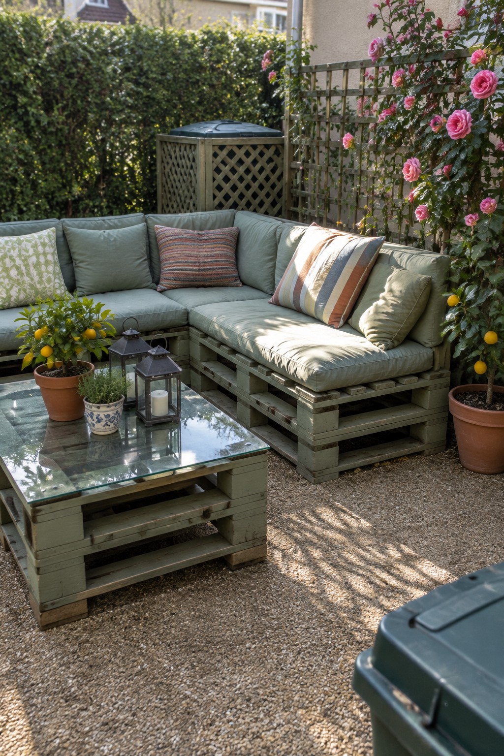 An L-shaped pallet sofa with pale cushions and striped pillows sits beside a glass-topped pallet coffee table on a gravel patio.