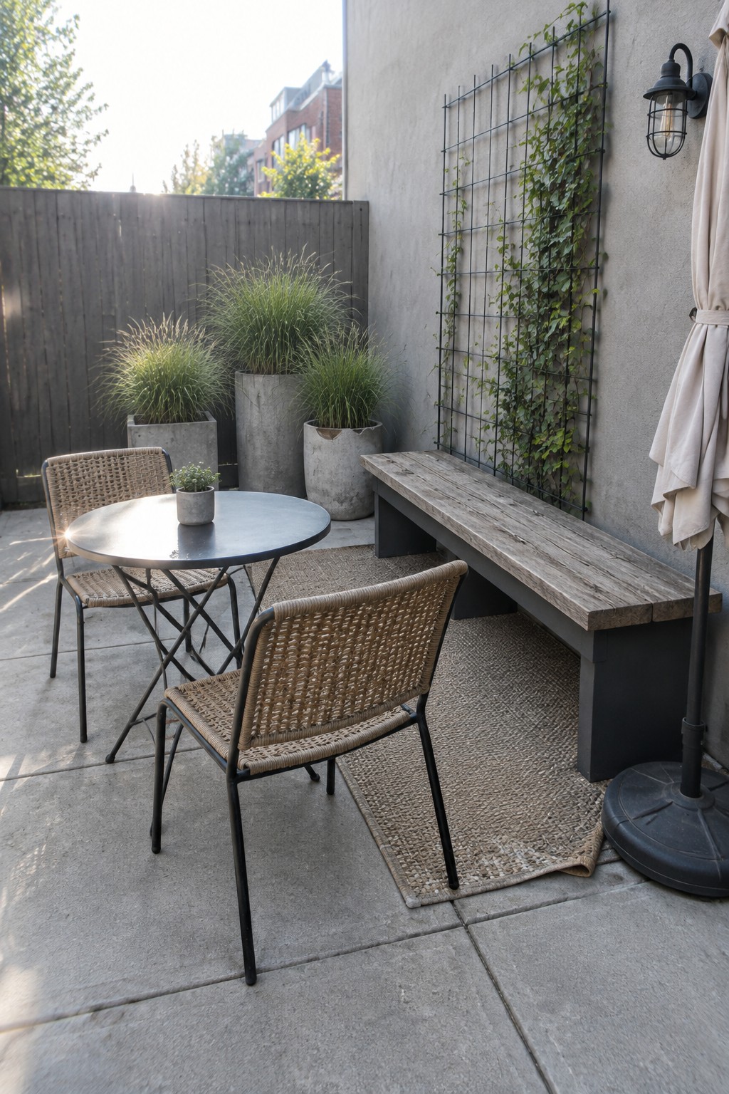 A small paved patio with a round table, woven chairs, a long wooden bench, potted grasses, and a climbing vine on a wall trellis.