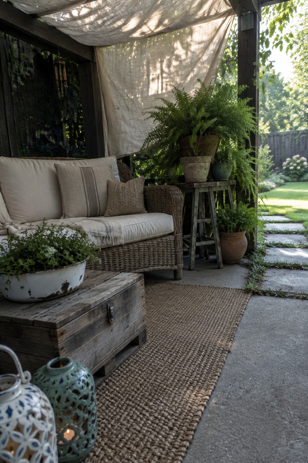 A wicker sofa and potted ferns sit beneath a light fabric canopy on a covered patio.