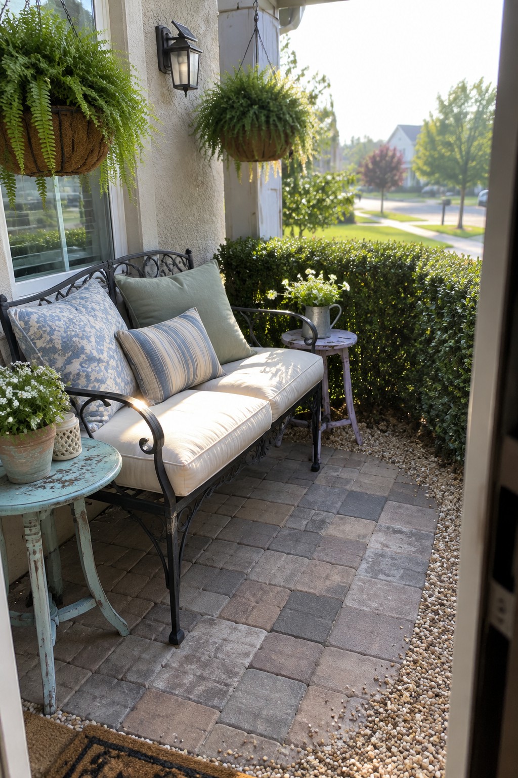 A small patio with a gray and muted pink paver floor, a cushioned metal bench, potted flowers, and hanging ferns.