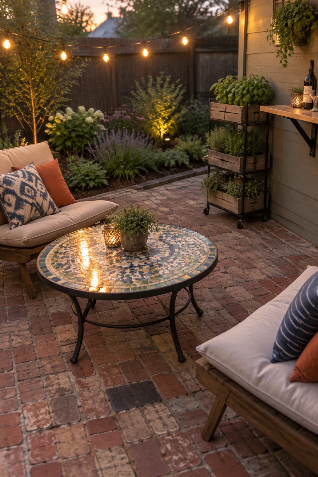 A brick patio with cushioned seating, a round mosaic table, potted plants, and glowing string lights overhead.