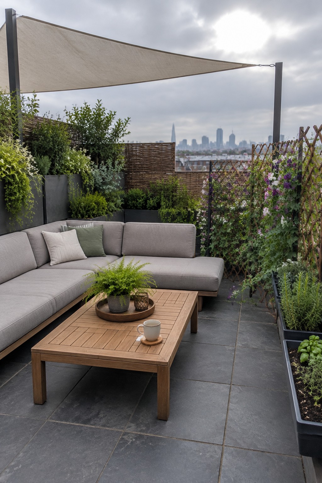 A rooftop patio with a triangular beige shade sail above a gray sectional sofa, wooden coffee table, and planters beside a lattice screen.