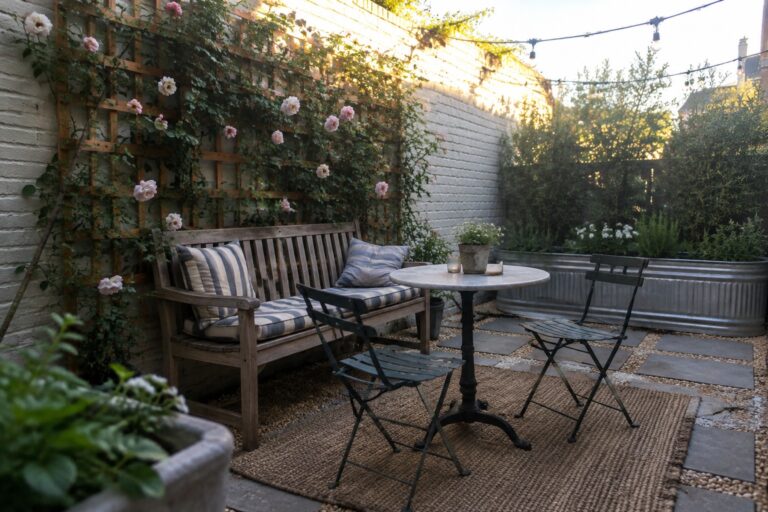 22 Clever Patio Garden Privacy Ideas Using Screens, Trellises, and Plants A wooden trellis covered with pale roses stands behind a cushioned bench and small patio table.