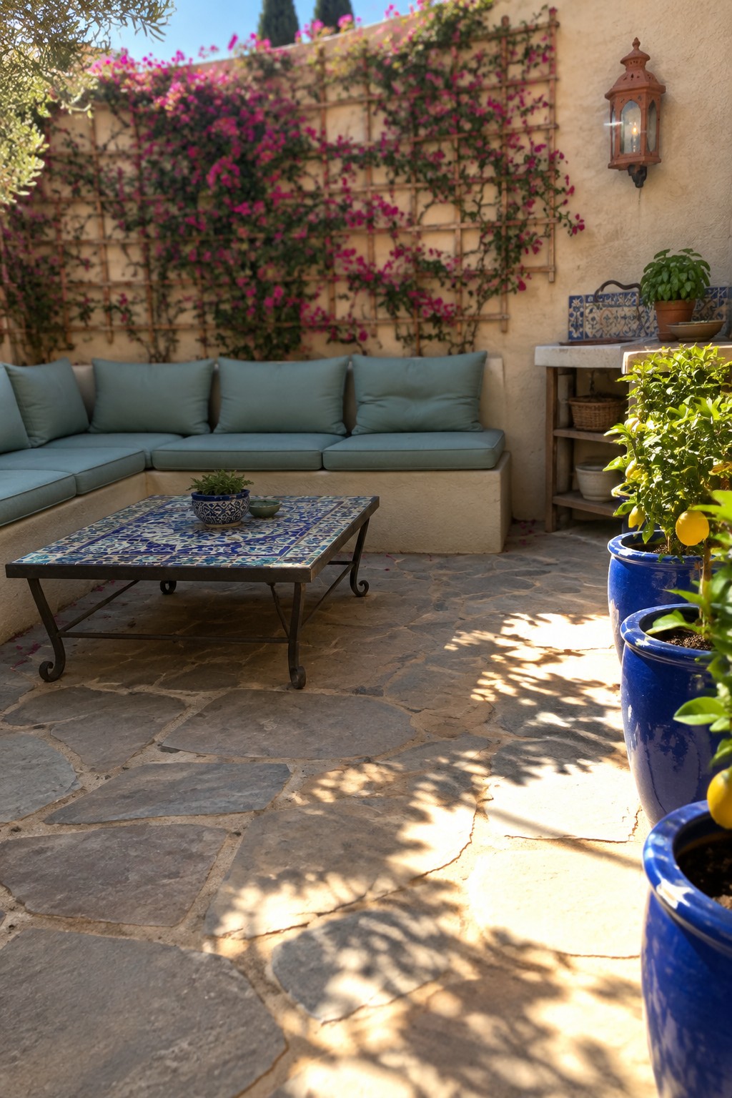 A patio seating area with a flowering vine-covered trellis behind a built-in bench.