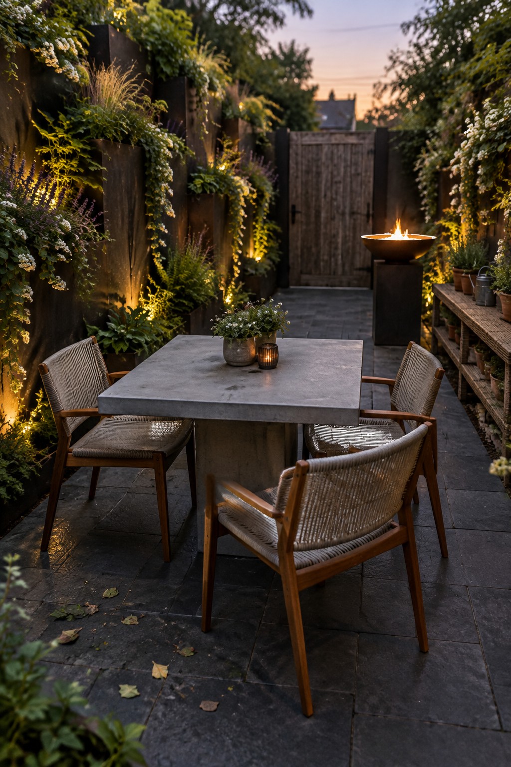 A stone dining table and woven chairs sit in a narrow garden patio, with a lit fire bowl near the wooden gate.