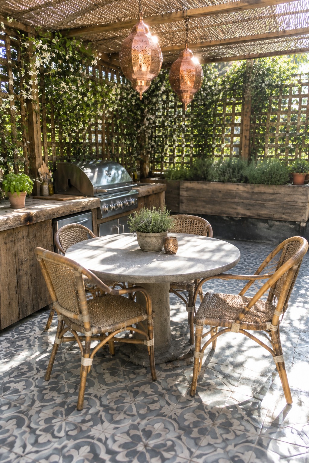 A round patio dining table and wicker chairs sit beneath a wooden pergola enclosed by flowering lattice panels.