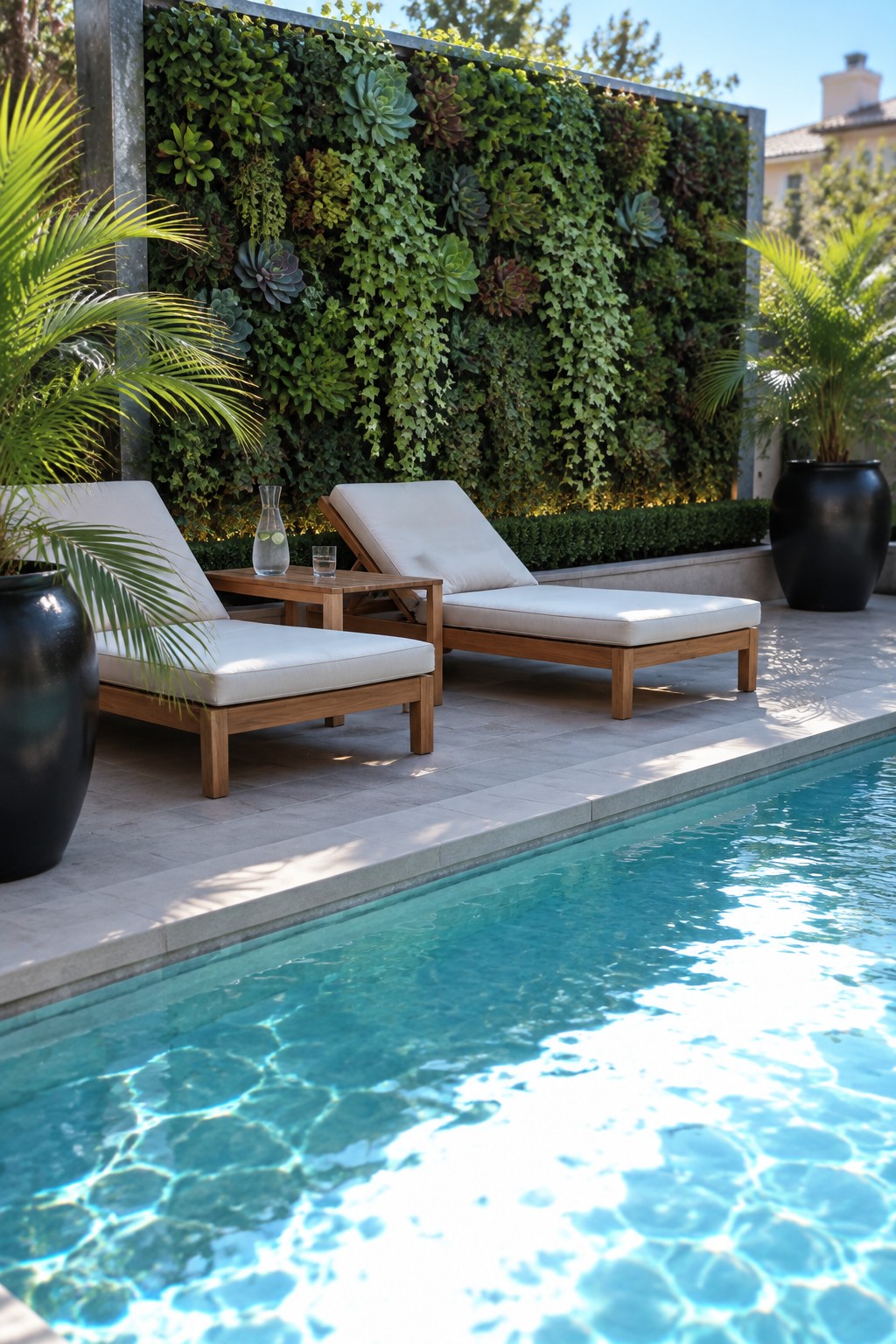 A pool patio with two wooden chaise lounges in front of a tall planted wall.