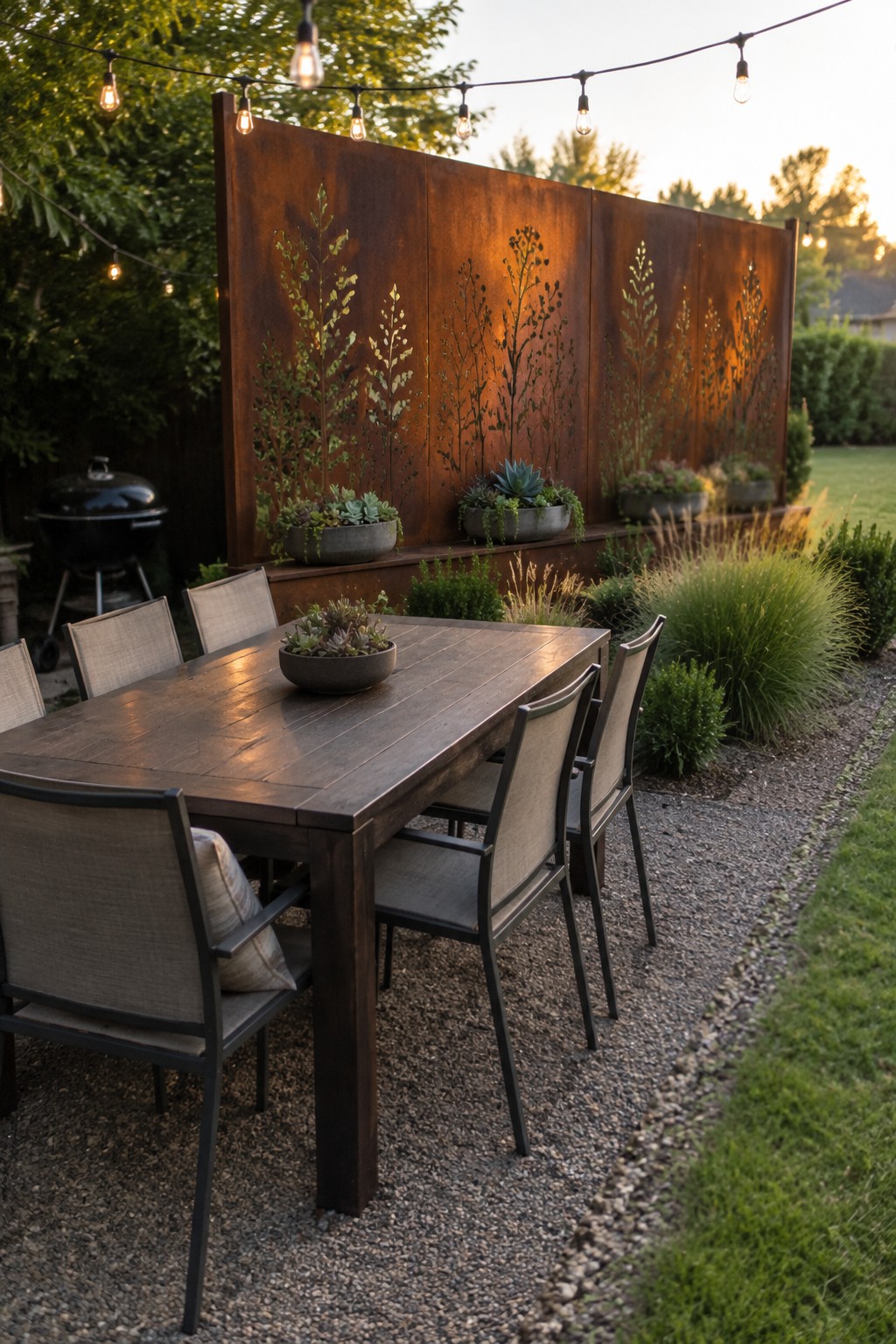 A wooden outdoor dining table sits beside a rust-colored metal privacy screen with plant cutouts and small planter boxes.