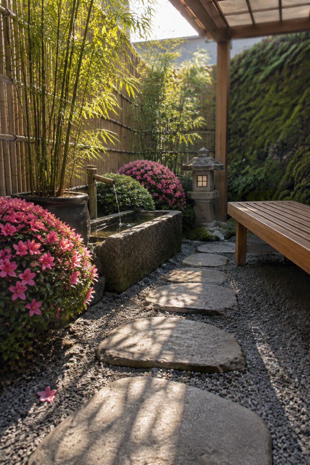 Large stepping stones cross a gravel garden beside pink flowers, bamboo, a water basin, and a wooden bench.