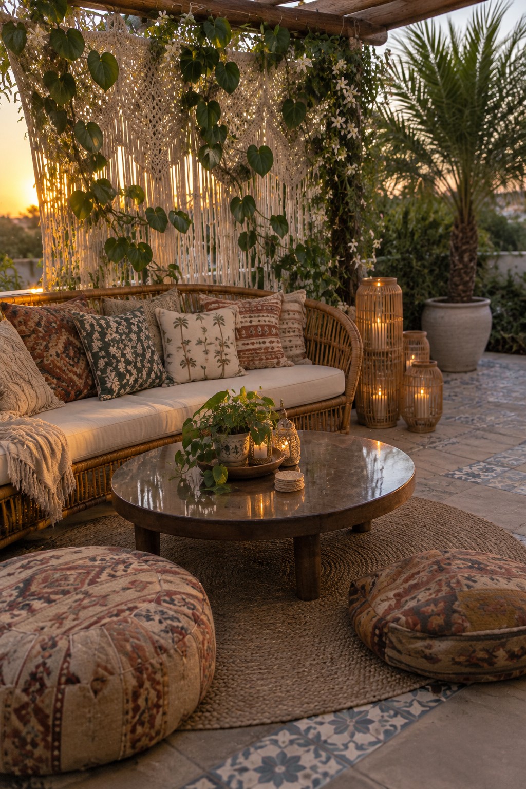 A rattan patio sofa sits in front of a woven screen covered with leafy vines and white flowers.