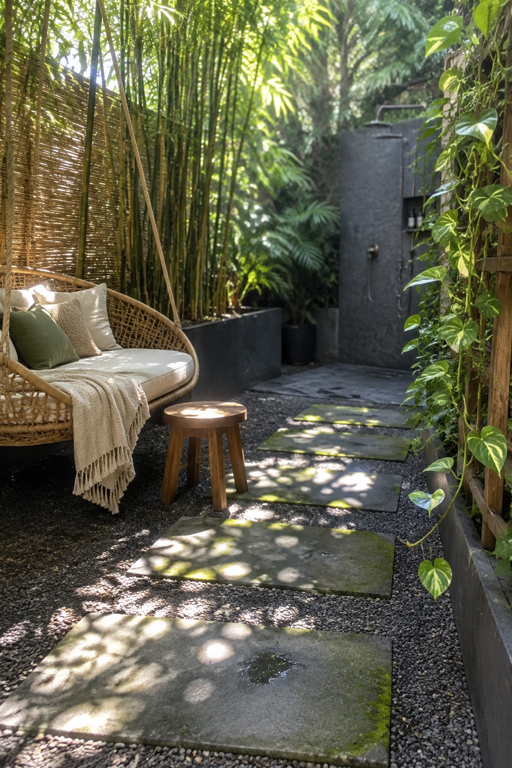 A rattan patio sofa sits beside a gravel path bordered by tall bamboo and climbing plants.