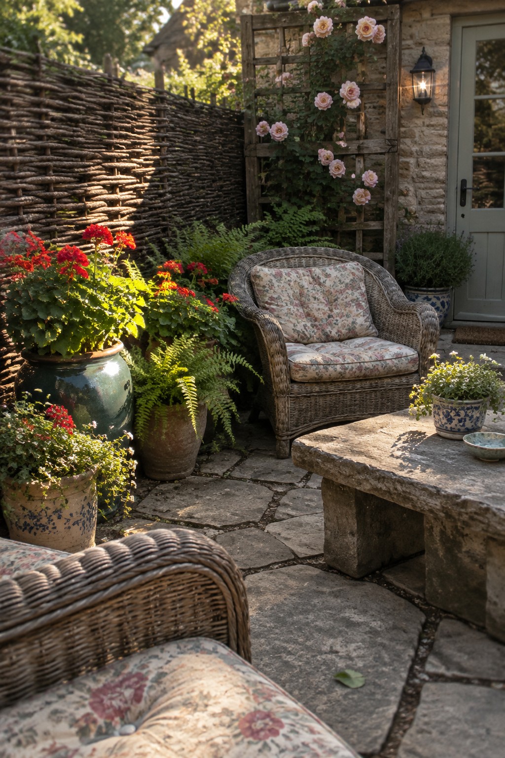 A wicker chair sits on a stone patio beside a wooden trellis covered in pink climbing roses.