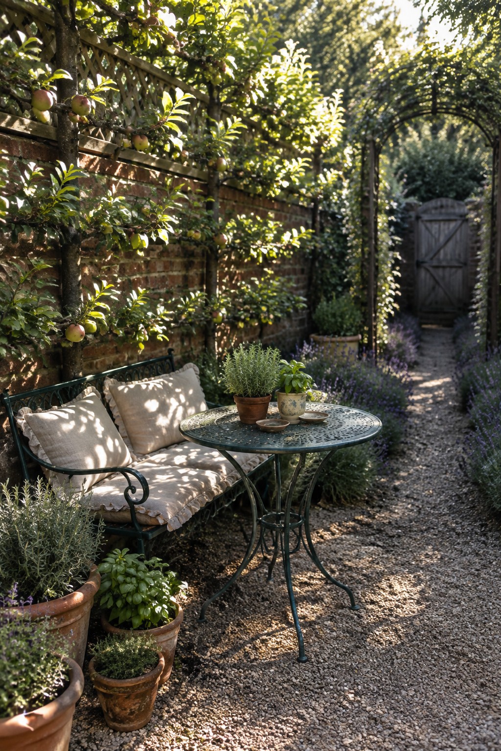 A garden bench and round table sit beside fruit trees trained along a brick wall, with a gravel path leading to a wooden gate.