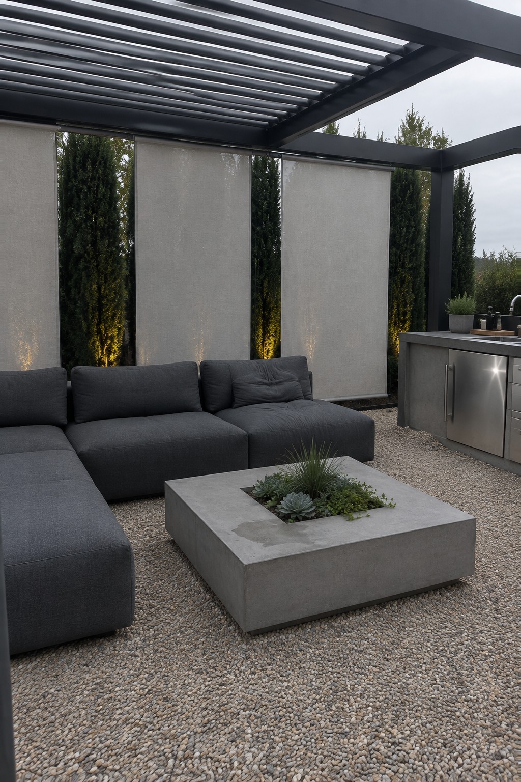 Dark outdoor sectional seating sits beneath a pergola beside pale roller shades and a concrete planter table.