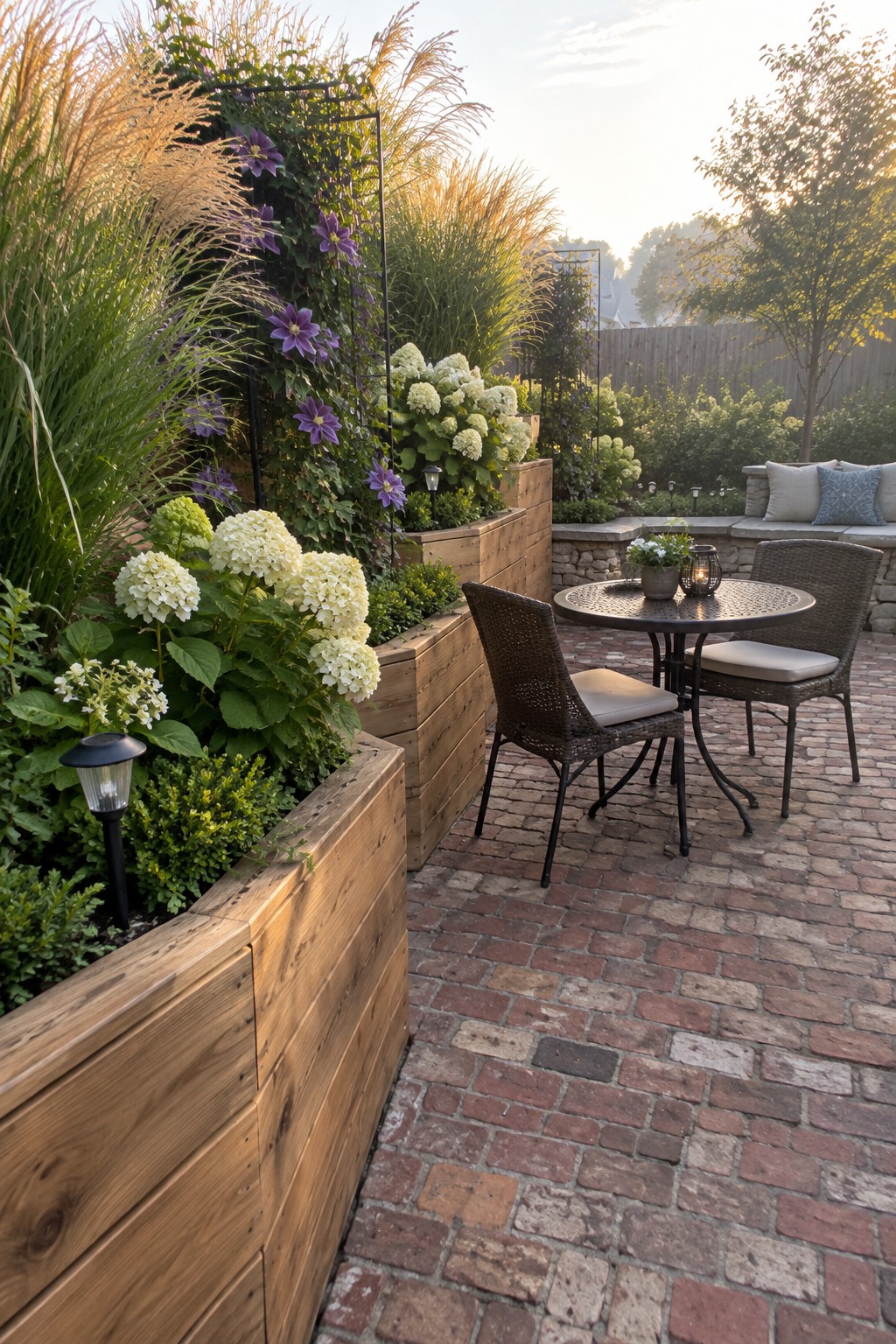 Wooden raised planters filled with tall grasses, white hydrangeas, and purple clematis border a brick patio with a table and chairs.