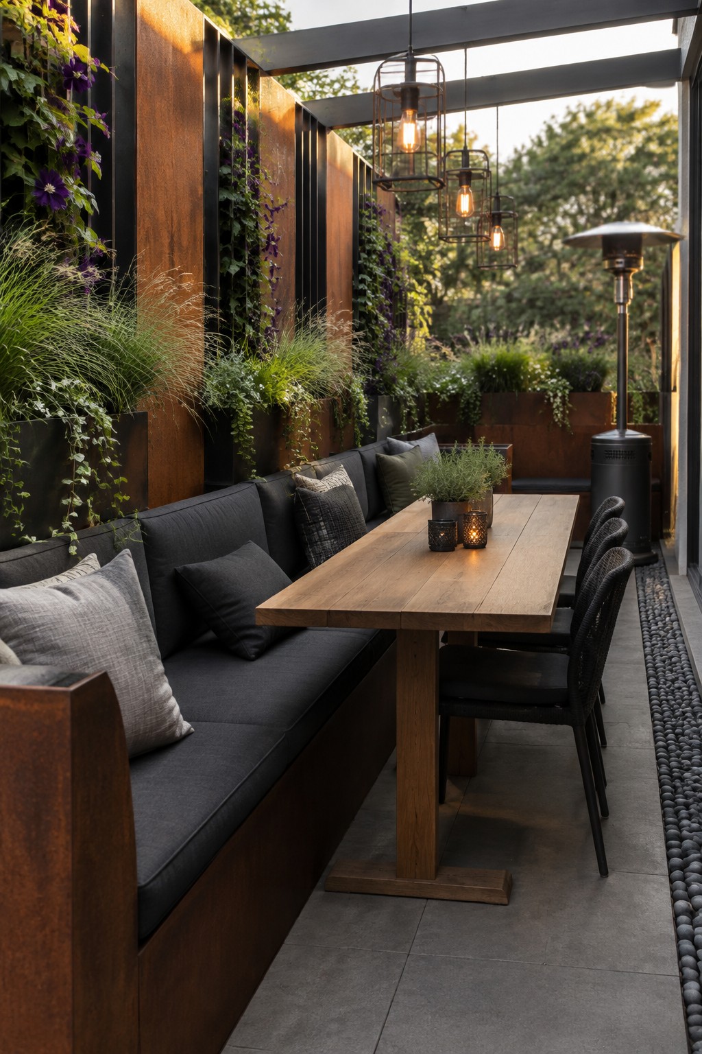 A narrow patio dining area has rust-colored metal privacy panels, climbing vines, a built-in bench, and a wooden table.