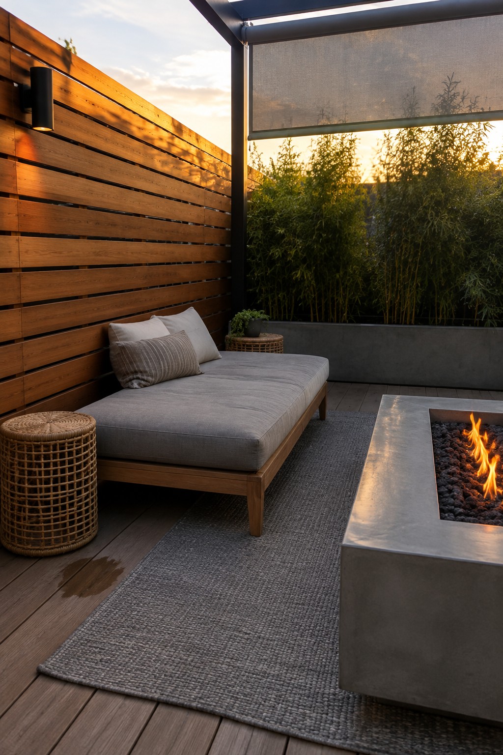 A patio seating area with a lowered fabric shade, tall plants, a wooden privacy wall, and a fire pit.