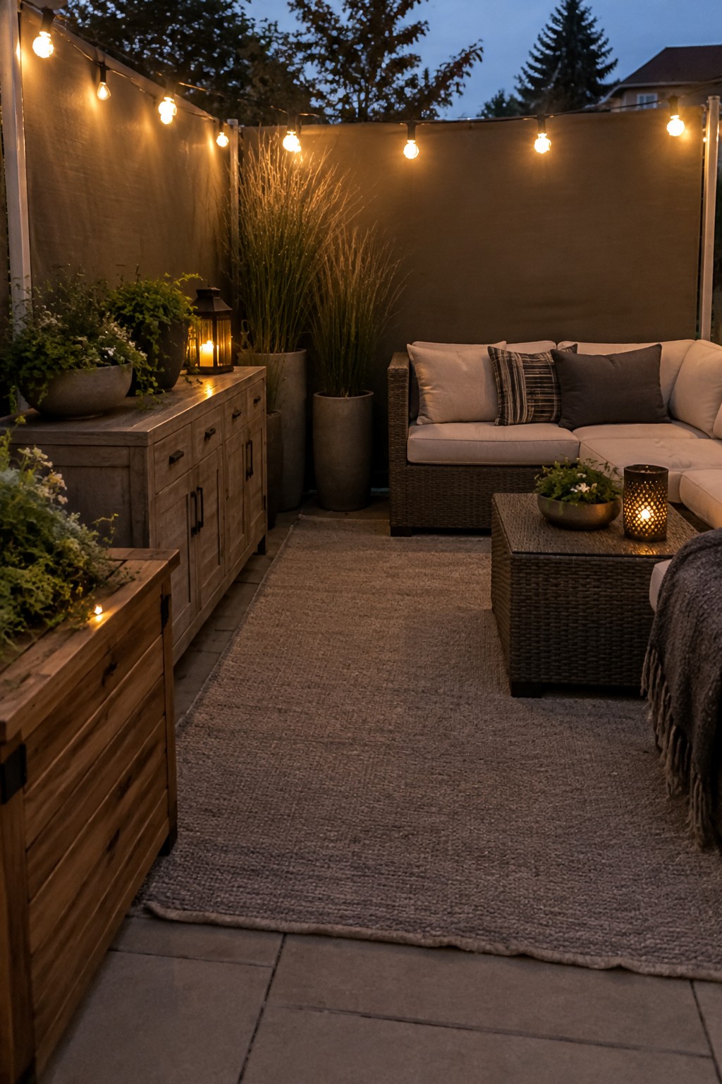 A patio seating area with a beige outdoor sofa in front of a tall solid fence, with string lights overhead.
